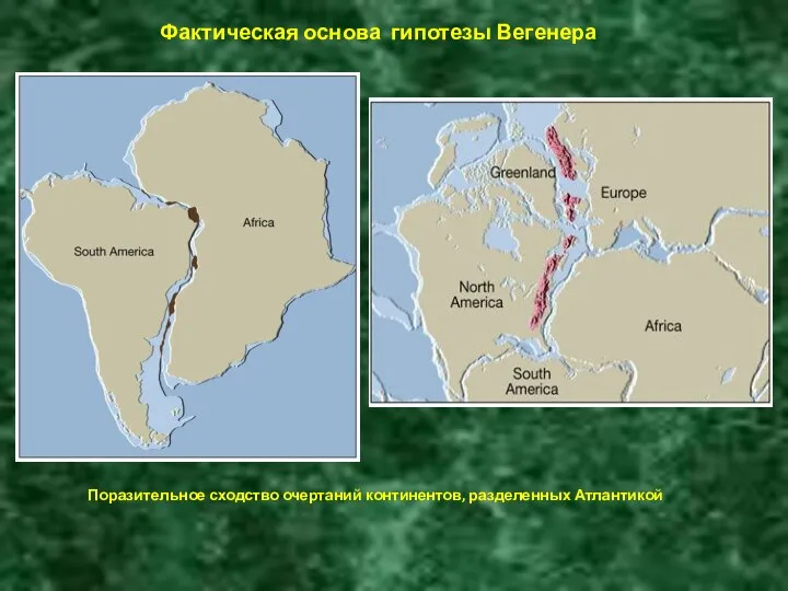 Фактическая основа гипотезы Вегенера Поразительное сходство очертаний континентов, разделенных Атлантикой