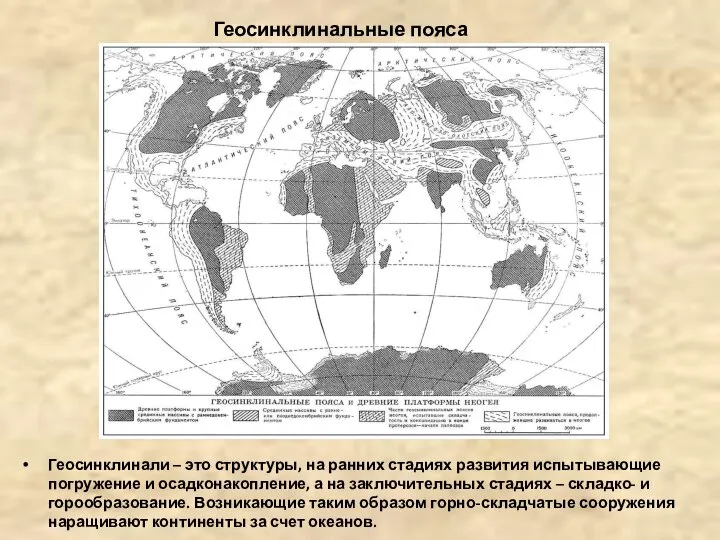 Геосинклинальные пояса Геосинклинали – это структуры, на ранних стадиях развития испытывающие погружение