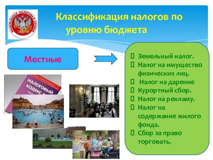 Классификация налогов по уровню бюджета Местные Земельный налог. Налог на имущество физических