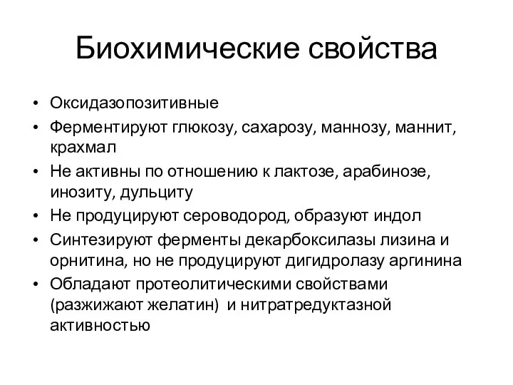 Биохимические свойства Оксидазопозитивные Ферментируют глюкозу, сахарозу, маннозу, маннит, крахмал Не активны по