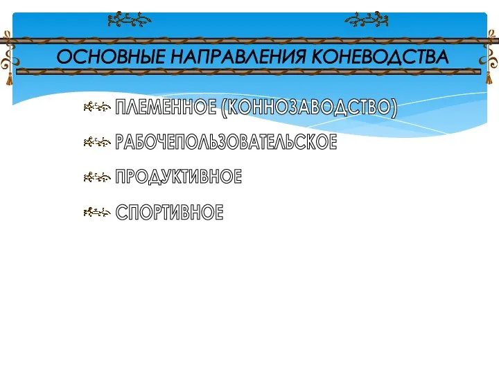 ОСНОВНЫЕ НАПРАВЛЕНИЯ КОНЕВОДСТВА ПЛЕМЕННОЕ (КОННОЗАВОДСТВО) РАБОЧЕПОЛЬЗОВАТЕЛЬСКОЕ ПРОДУКТИВНОЕ СПОРТИВНОЕ