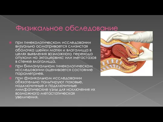 Физикальное обследование при гинекологическом исследовании визуально осматривается слизистая оболочка шейки матки и