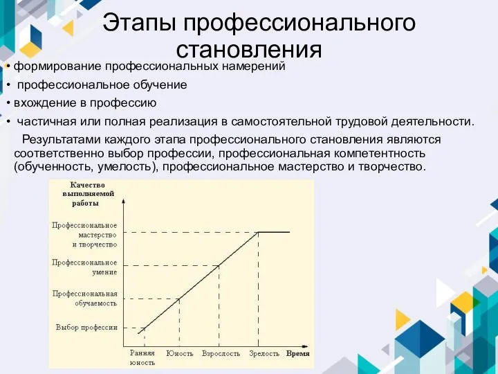 Этапы профессионального становления формирование профессиональных намерений профессиональное обучение вхождение в профессию частичная