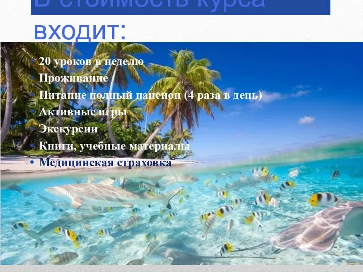 20 уроков в неделю Проживание Питание полный пансион (4 раза в день)