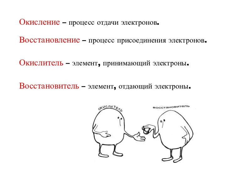 Окисление – процесс отдачи электронов. Восстановление – процесс присоединения электронов. Окислитель –