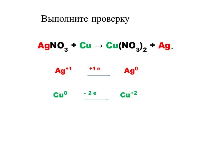 AgNO3 + Cu → Cu(NO3)2 + Ag↓ Ag+1 +1 e Ag0 Cu0