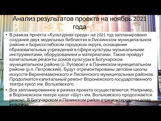 Анализ результатов проекта на ноябрь 2021 года В рамках проекта «Культурная среда»