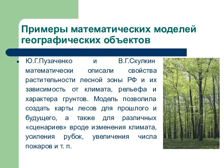 Примеры математических моделей географических объектов Ю.Г.Пузаченко и В.Г.Скулкин математически описали свойства растительности