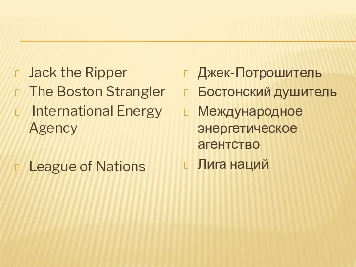 Jack the Ripper The Boston Strangler International Energy Agency League of Nations