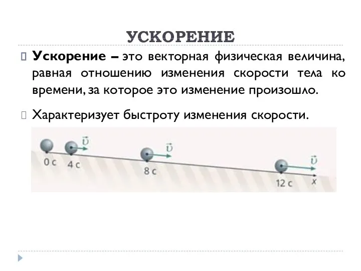 Ускорение – это векторная физическая величина, равная отношению изменения скорости тела ко