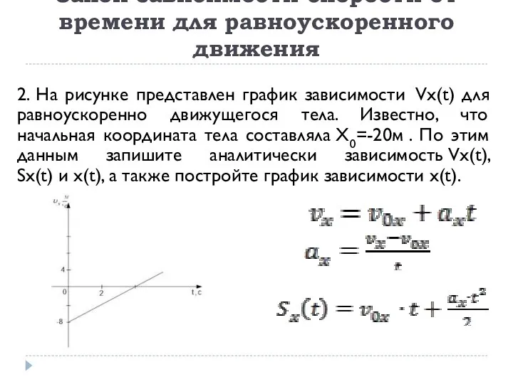 2. На рисунке представлен график зависимости Vx(t) для равноускоренно движущегося тела. Известно,