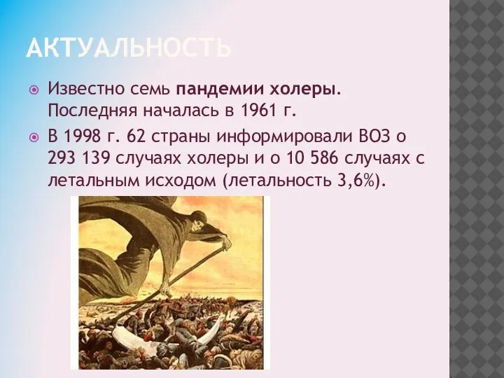 АКТУАЛЬНОСТЬ Известно семь пандемии холеры. Последняя началась в 1961 г. В 1998