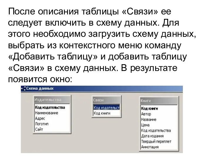 После описания таблицы «Связи» ее следует включить в схему данных. Для этого