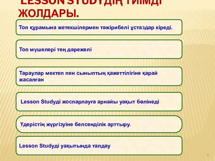 LESSON STUDYДІҢ ТИІМДІ ЖОЛДАРЫ. Топ құрамына жетекшілермен тәжірибелі ұстаздар кіреді. Топ мүшелері