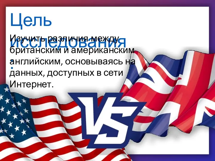Цель исследования: Изучить различия между британским и американским английским, основываясь на данных, доступных в сети Интернет.