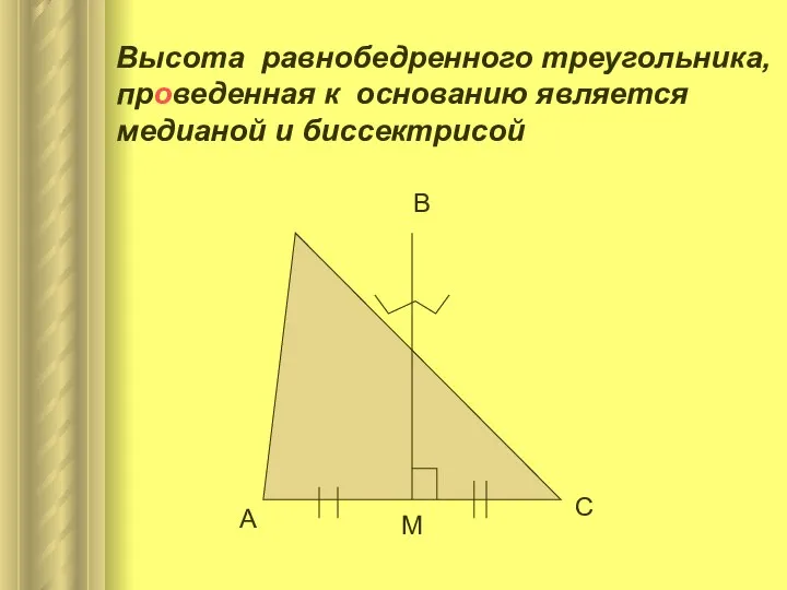 Высота равнобедренного треугольника, проведенная к основанию является медианой и биссектрисой А В С М