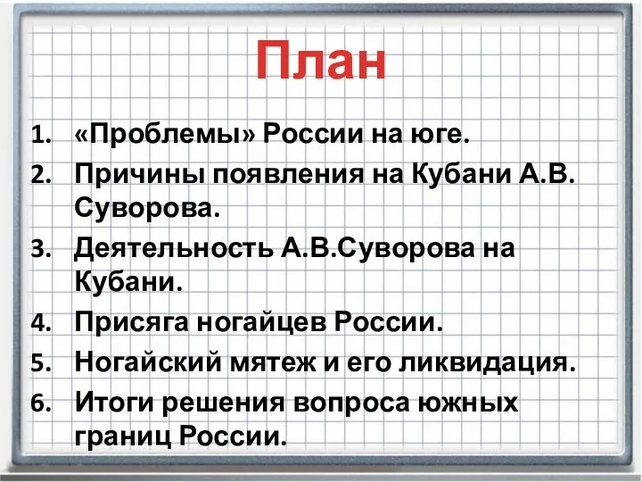 План «Проблемы» России на юге. Причины появления на Кубани А.В. Суворова. Деятельность