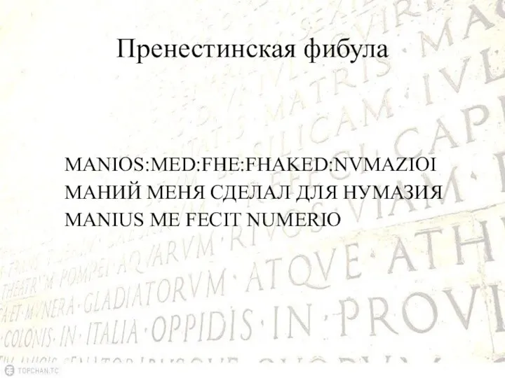 Пренестинская фибула MANIOS:MED:FHE:FHAKED:NVMAZIOI МАНИЙ МЕНЯ СДЕЛАЛ ДЛЯ НУМАЗИЯ MANIUS ME FECIT NUMERIO