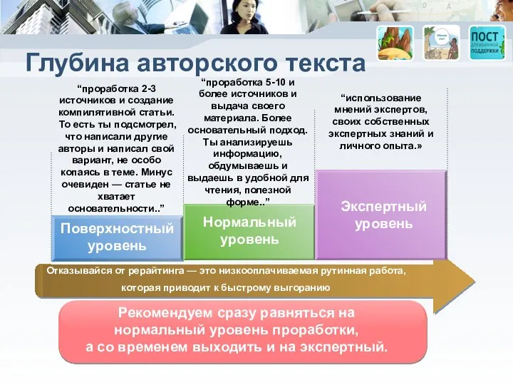 Глубина авторского текста “проработка 2-3 источников и создание компилятивной статьи. То есть