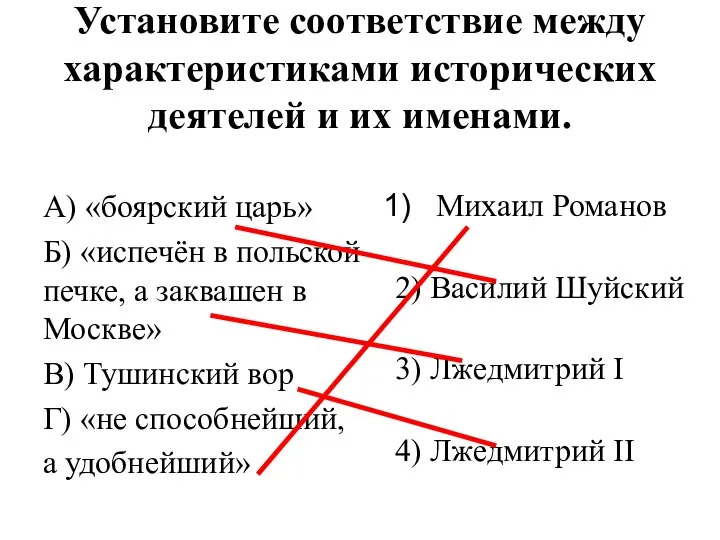 Установите соответствие между характеристиками истори­ческих деятелей и их именами. А) «боярский царь»