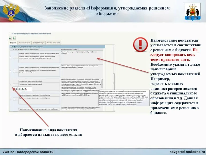 Заполнение раздела «Информация, утверждаемая решением о бюджете» Наименование вида показателя выбирается из