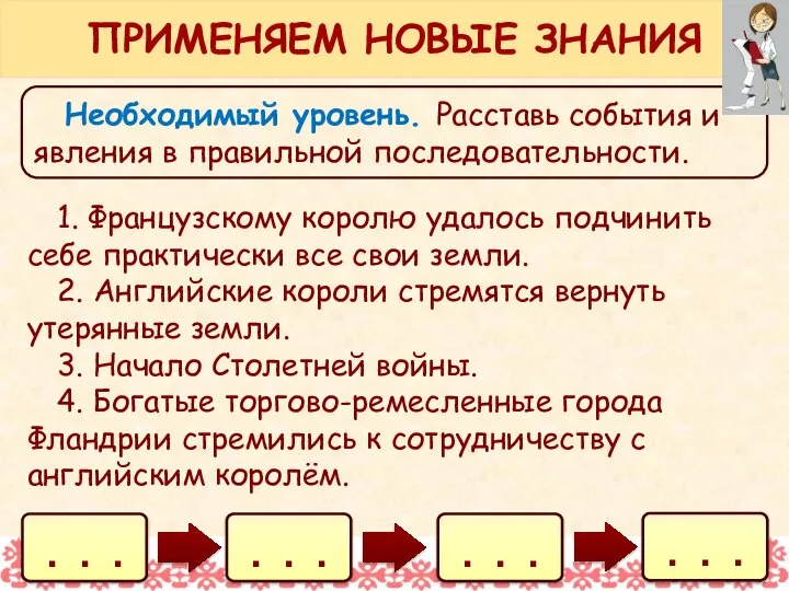 Необходимый уровень. Расставь события и явления в правильной последовательности. 1. Французскому королю