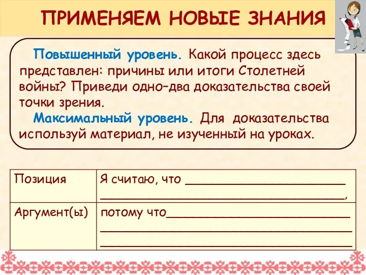 Повышенный уровень. Какой процесс здесь представлен: причины или итоги Столетней войны? Приведи