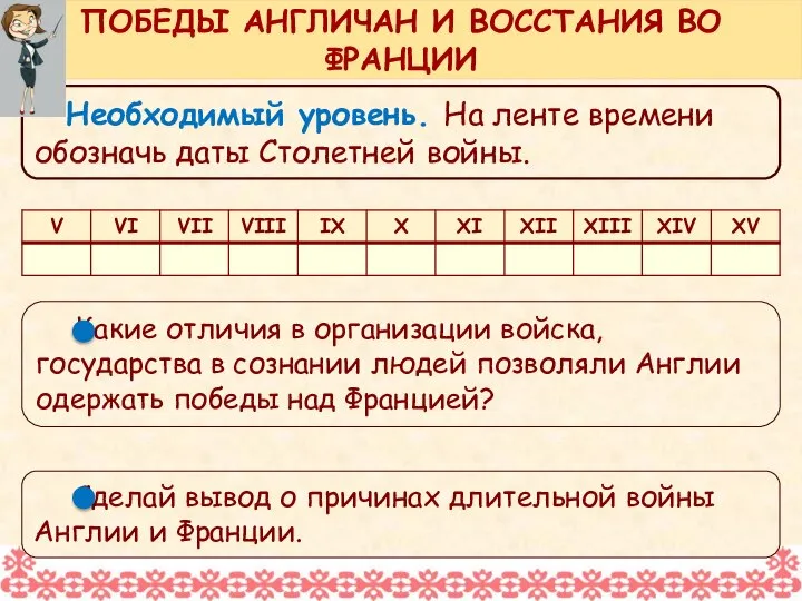 Необходимый уровень. На ленте времени обозначь даты Столетней войны. ПОБЕДЫ АНГЛИЧАН И ВОССТАНИЯ ВО ФРАНЦИИ