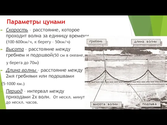 Параметры цунами Скорость – расстояние, которое проходит волна за единицу времени(100-600км/ч, к