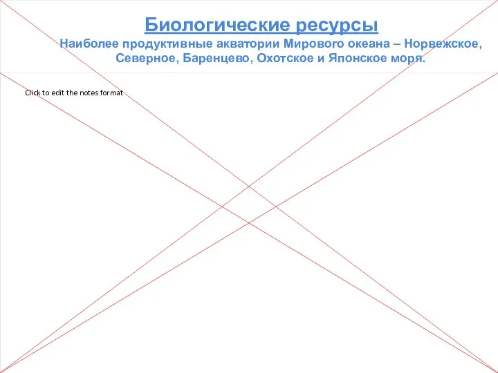 Биологические ресурсы Наиболее продуктивные акватории Мирового океана – Норвежское, Северное, Баренцево, Охотское и Японское моря.