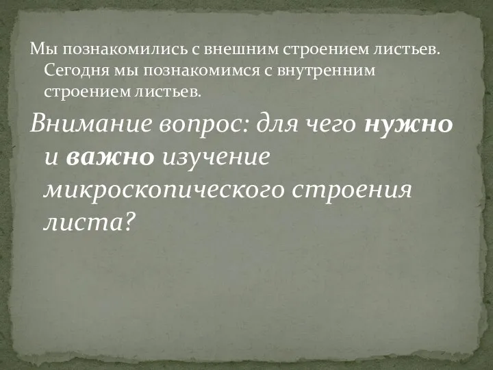 Мы познакомились с внешним строением листьев. Сегодня мы познакомимся с внутренним строением