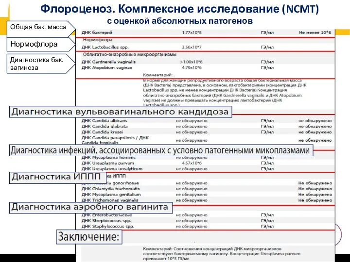 Флороценоз. Комплексное исследование (NCMT) с оценкой абсолютных патогенов Общая бак. масса Нормофлора Диагностика бак.вагиноза