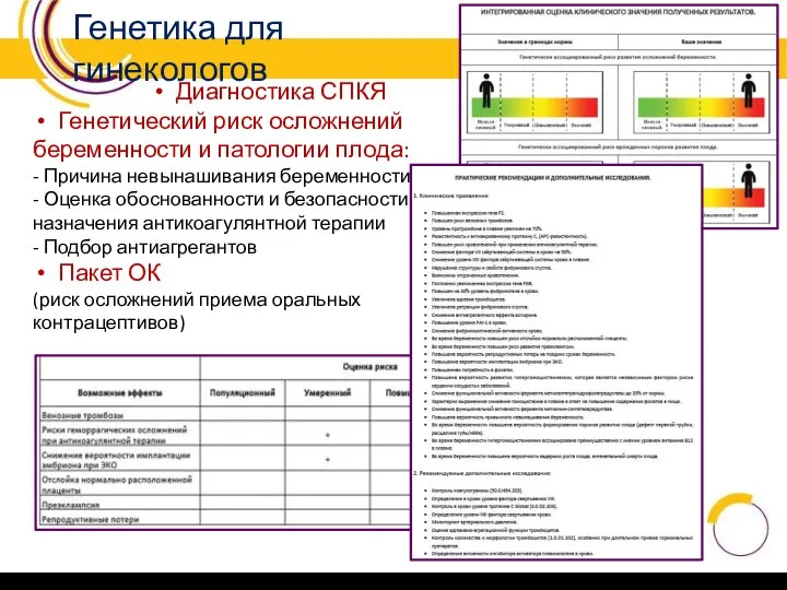 Генетика для гинекологов Диагностика СПКЯ Генетический риск осложнений беременности и патологии плода: