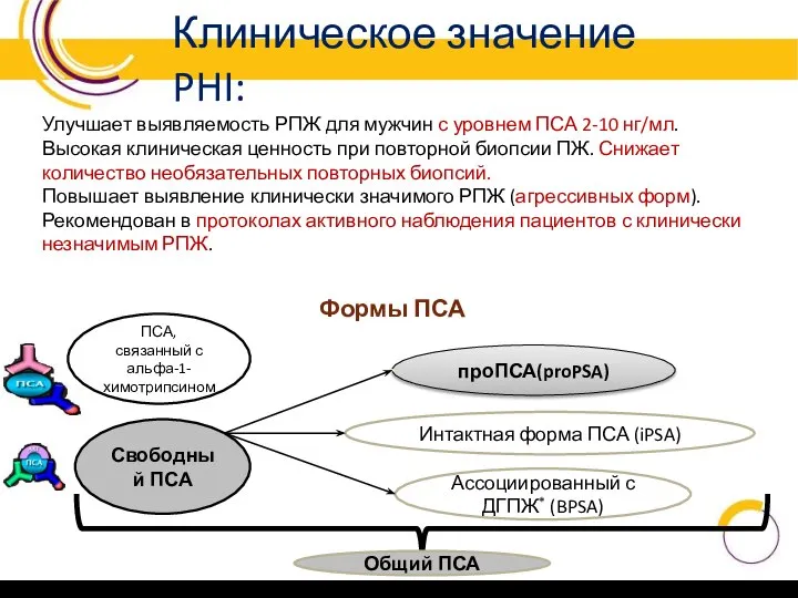 Формы ПСА Общий ПСА проПСА(proPSA) Интактная форма ПСА (iPSA) Ассоциированный с ДГПЖ*