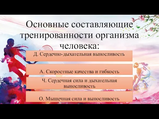 Основные составляющие тренированности организма человека: А. Скоростные качества и гибкость Ч. Сердечная