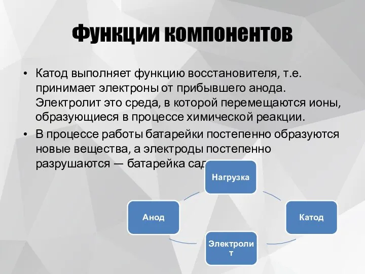 Функции компонентов Катод выполняет функцию восстановителя, т.е. принимает электроны от прибывшего анода.