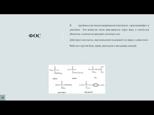 ФОС В производстве инсектоакарицидов используют терахлорвинфос и диазинон. Эти вещества легко впитываются