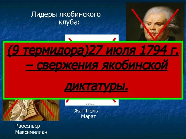 Рабеспьер Максимилиан Жан Поль Марат Жорж Жак Дантон Лидеры якобинского клуба: (9