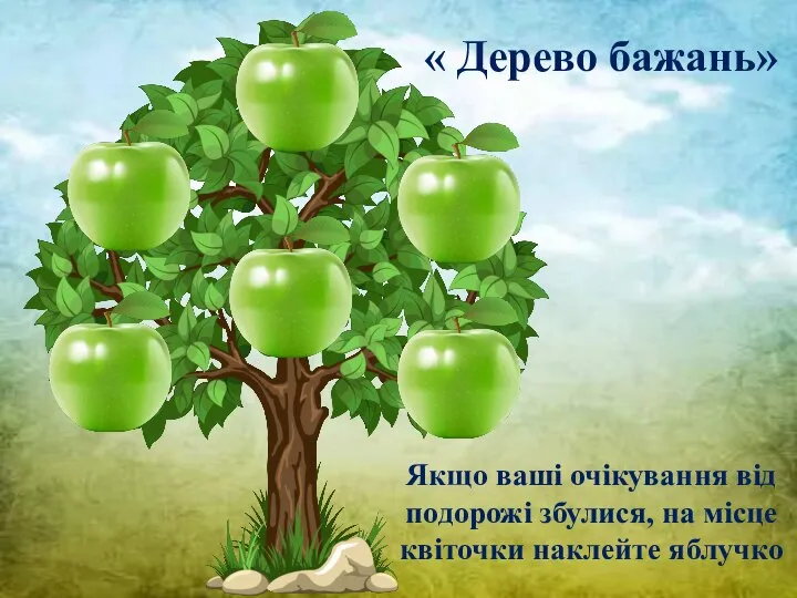 Якщо ваші очікування від подорожі збулися, на місце квіточки наклейте яблучко « Дерево бажань»