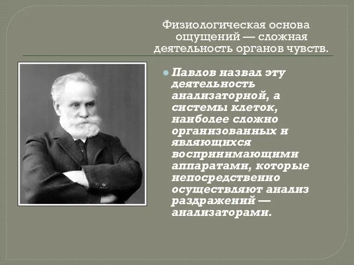 Физиологическая основа ощущений — сложная деятельность органов чувств. Павлов назвал эту деятельность