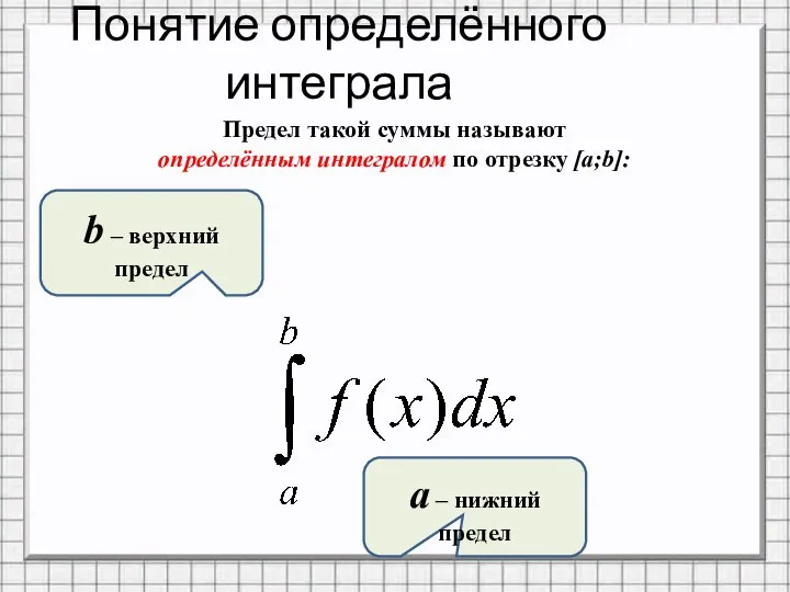 Понятие определённого интеграла Предел такой суммы называют определённым интегралом по отрезку [a;b]: