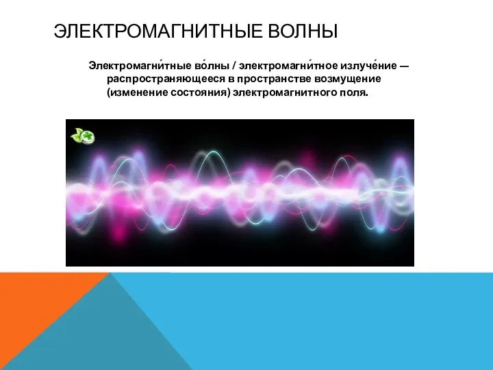 ЭЛЕКТРОМАГНИТНЫЕ ВОЛНЫ Электромагни́тные во́лны / электромагни́тное излуче́ние — распространяющееся в пространстве возмущение (изменение состояния) электромагнитного поля.