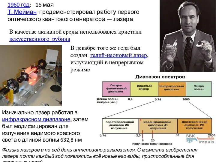 1960 год: 16 мая Т. Мейман продемонстрировал работу первого оптического квантового генератора