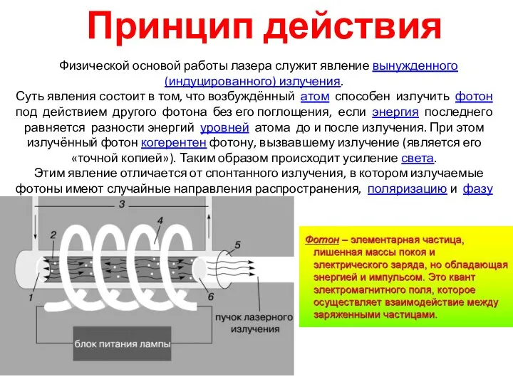 Принцип действия Физической основой работы лазера служит явление вынужденного (индуцированного) излучения. Суть