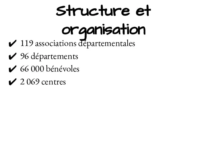 Structure et organisation 119 associations départementales 96 départements 66 000 bénévoles 2 069 centres