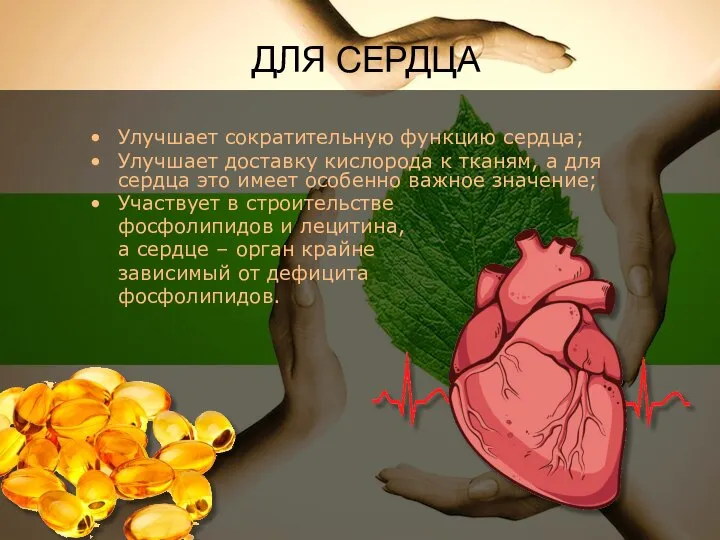ДЛЯ СЕРДЦА Улучшает сократительную функцию сердца; Улучшает доставку кислорода к тканям, а