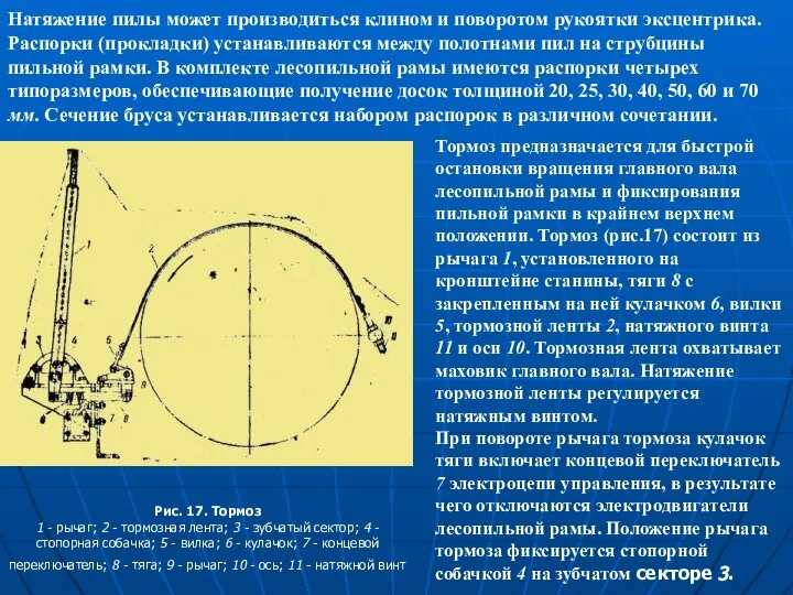 Натяжение пилы может производиться клином и поворотом рукоятки эксцентрика. Распорки (прокладки) устанавливаются