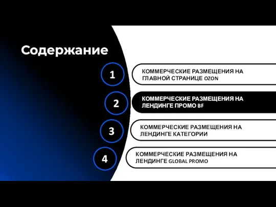 Содержание КОММЕРЧЕСКИЕ РАЗМЕЩЕНИЯ НА ГЛАВНОЙ СТРАНИЦЕ OZON КОММЕРЧЕСКИЕ РАЗМЕЩЕНИЯ НА ЛЕНДИНГЕ ПРОМО