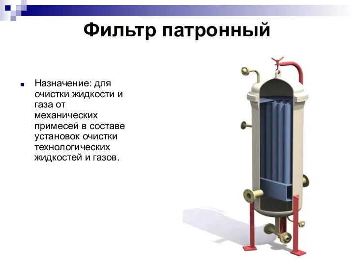 Фильтр патронный Назначение: для очистки жидкости и газа от механических примесей в