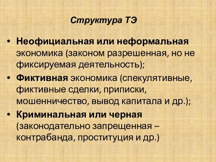 Структура ТЭ Неофициальная или неформальная экономика (законом разрешенная, но не фиксируемая деятельность);